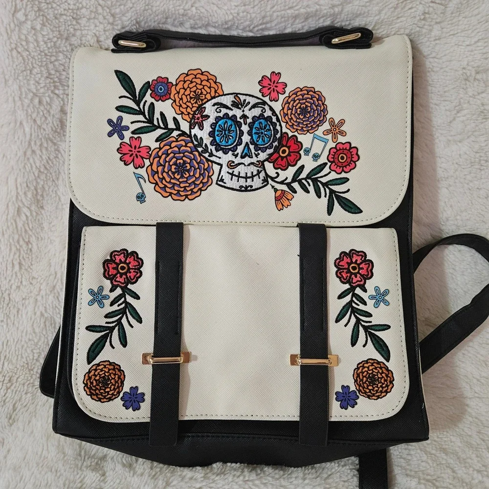 Disney Coco Backpack Sugar‎ Skull Floral Embroidered Black White Faux Leather
